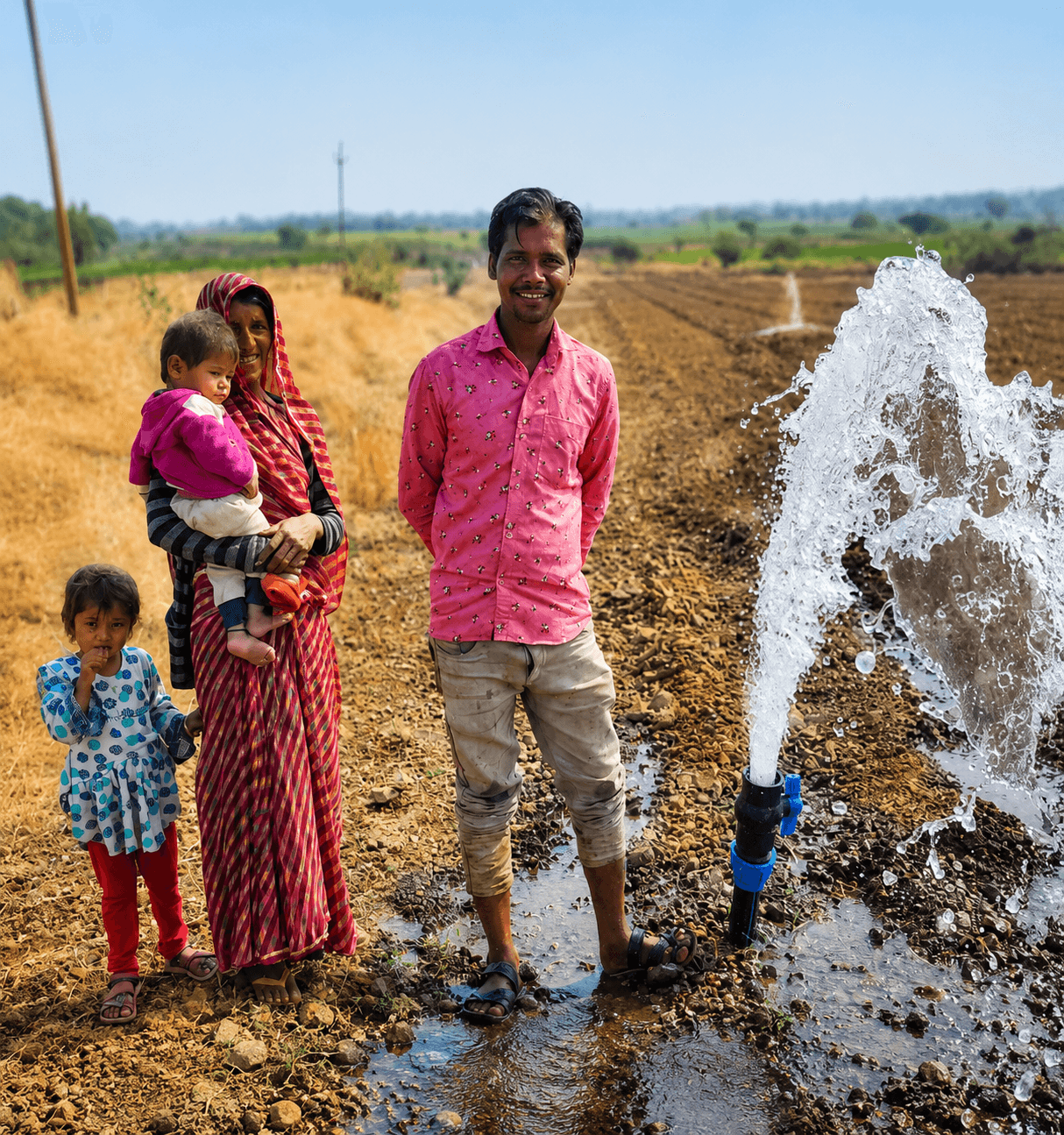 A farming family standing beside a gushing field hydrant