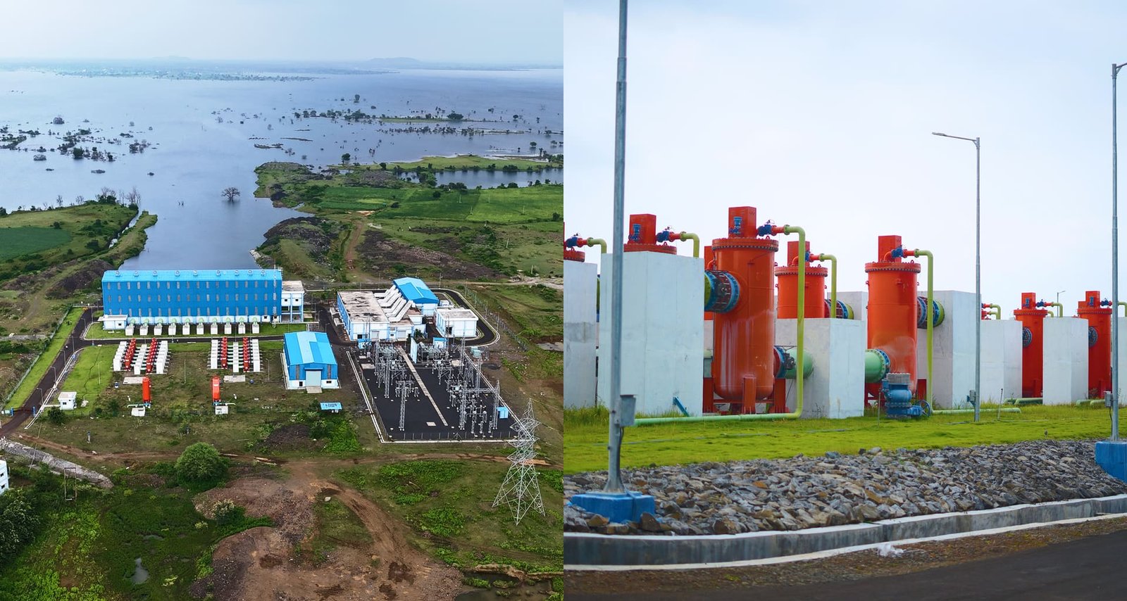 Aerial view of the Kundalia pump house complex beside the reservoir, with the red surge vessels in the foreground