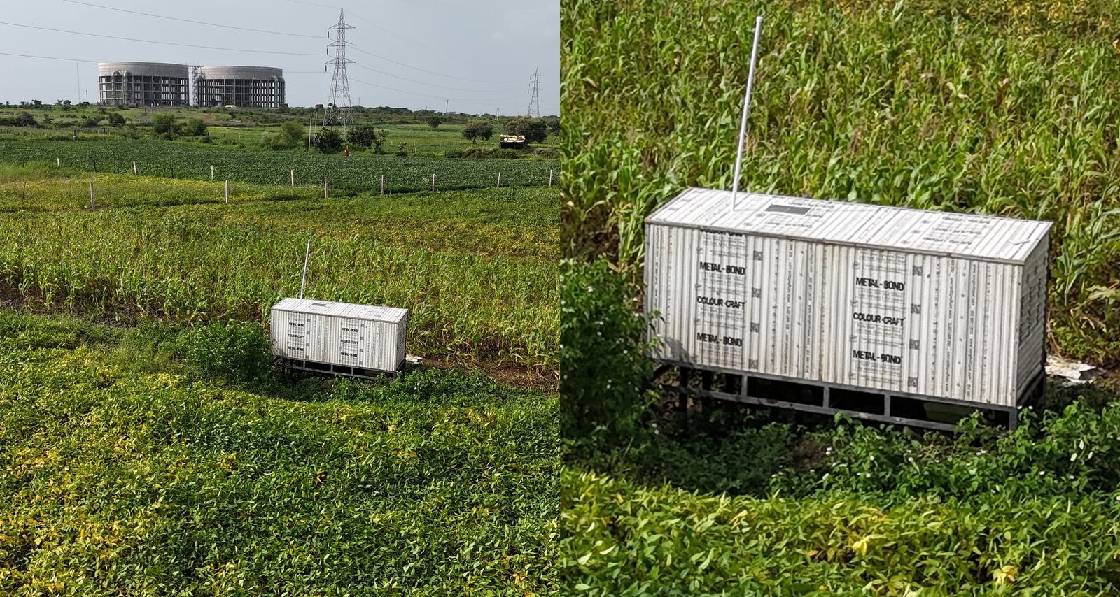 Solar-powered outlet management system cabinets standing in a green crop field